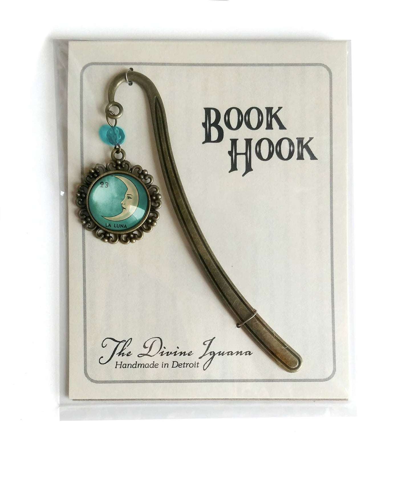 Loteria La Luna Cresent Moon Glass Cabochon Brass Bookmark by The Divine Iguana