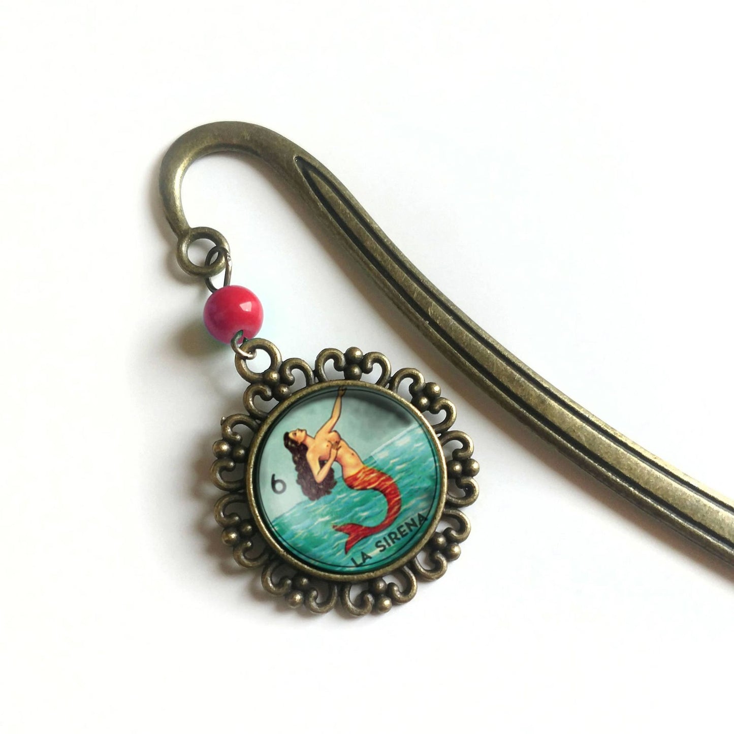 Loteria La Sirena Glass Cabochon Brass Bookmark by The Divine Iguana