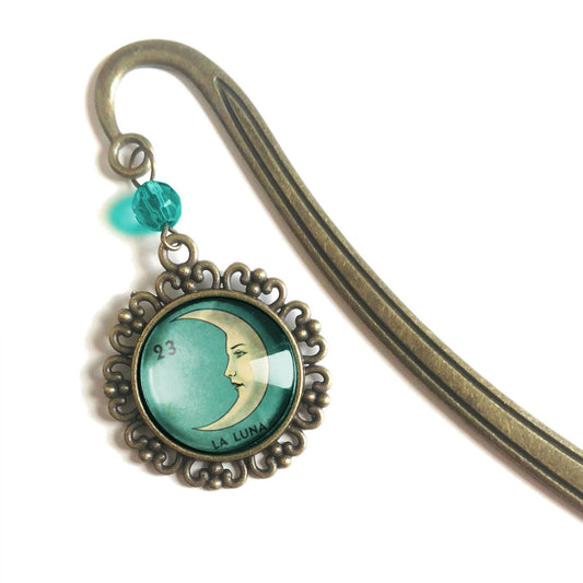Loteria La Luna Cresent Moon Glass Cabochon Brass Bookmark by The Divine Iguana